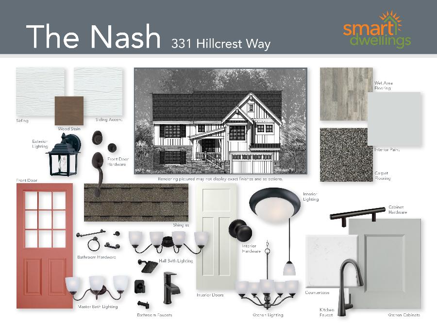 Product board for The Nash, a modern farmhouse exterior finish split-level home with 2-car garage, featuring faucets, lighting, granite countertops, and paint selections